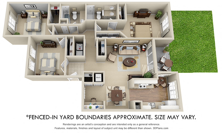 Floor plan for 3 beds, 2 baths, 1425 sqft